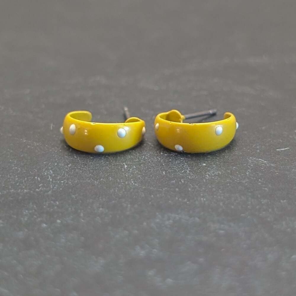 Vintage Stud Earrings Small 0.5" Retro Mustard Yellow with White Polka Dots